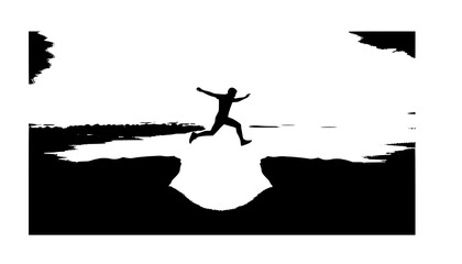 Man jumping silhouette between cliffs at sunrise — motivational success and challenge concept for design and business visuals