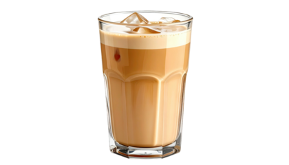 Glass of iced latte with layered foamy milk on a black background