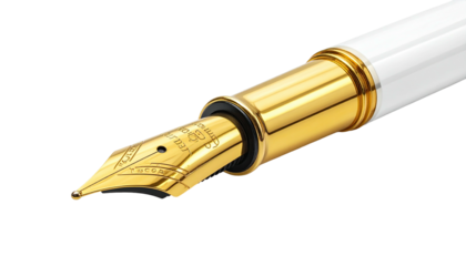 Close-up of a golden fountain pen nib against black ground