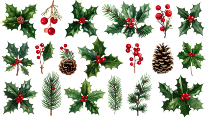 Holly, berry, and pine cone holiday decor on a black background