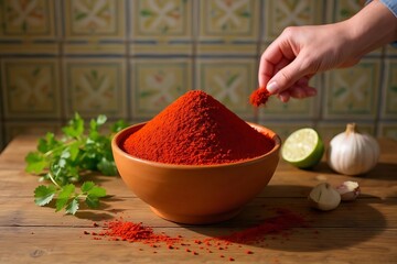 Red spice powder heap with fresh ingredients paprika
