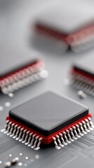 Macro Studio Photograph Of Black Silicon Microchips With Red Accents And Silver Pins On A Gray Circuit Board Background With Soft Lighting