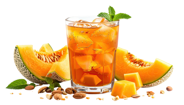 Cantaloupe beverage with fruit garnish & scattered nuts