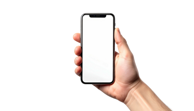 Hand holding a smartphone, isolated on a black background