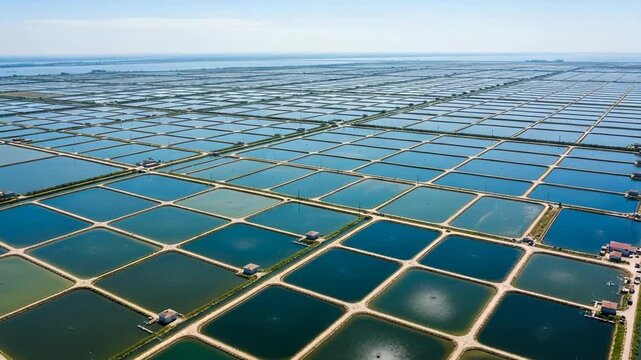 Aerial view of vast aquaculture ponds arranged in a grid pattern