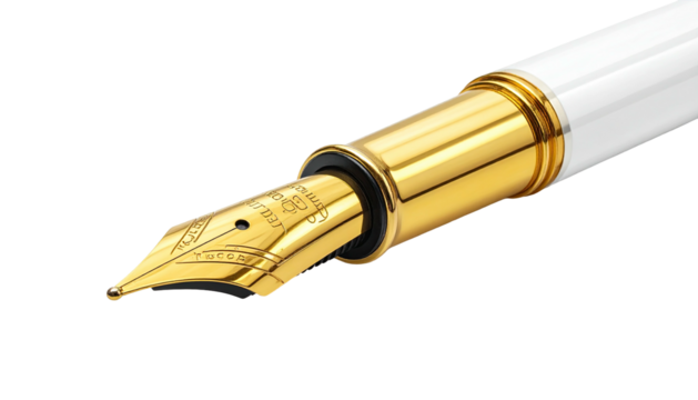 Close-up of a golden fountain pen nib against black ground