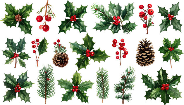 Holly, berry, and pine cone holiday decor on a black background