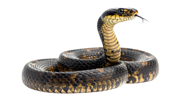 Coiled black and yellow snake with forked tongue out