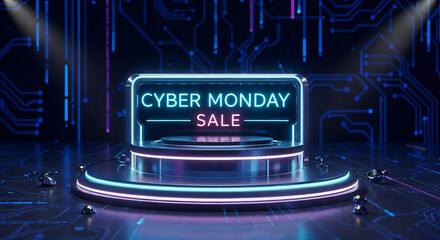 Futuristic neon cyber monday sale announcement display with spotlight illumination