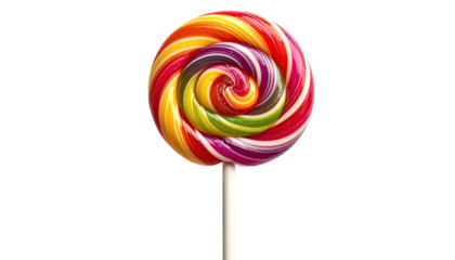 Colorful, swirled lollipop candy on a white stick, dark background