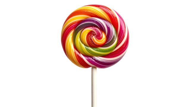 Colorful, swirled lollipop candy on a white stick, dark background
