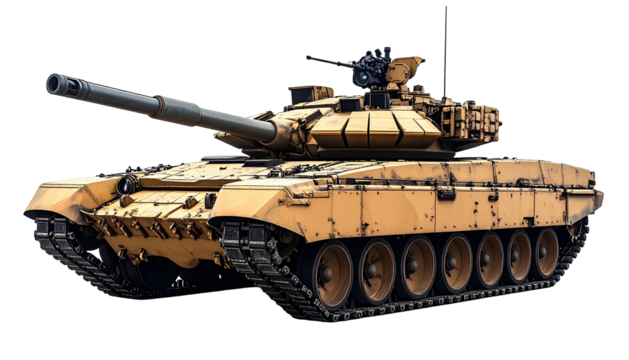 Sand-colored military tank angled left, isolated