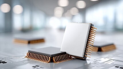 Macro View of Modern Integrated Circuits with Golden Pins on a Reflective Surface with Blurred Background Lighting Technology Concept
