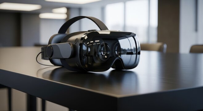 Black vr headset sitting on a dark table in a bright office space