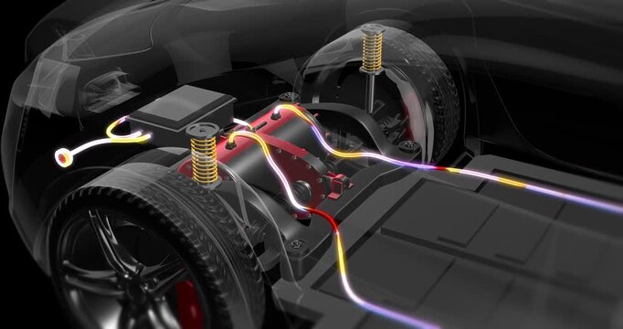 Detailed 3D visualization of electric car engine and wiring system. Electric cars related 4K 3D Animation.