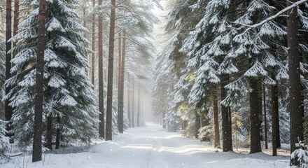 Snowy forest path with tall trees covered in snow on a winter day