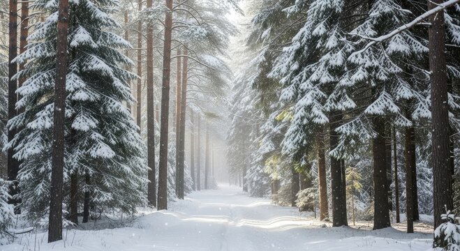 Snowy forest path with tall trees covered in snow on a winter day