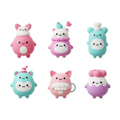 A colorful collection of adorable cartoon characters featuring playful designs in various shades of pink and blue.