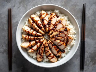 Sliced chicken breast over white rice with sauce bowl