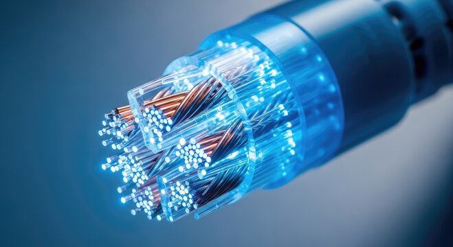 Close up shot of a fiber optic cable with blue light on a blue background