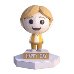 Desk Bubblehead Cheerful character with geometric design stands on hexagonal base that reads HAPPY DAY, set against transparent background