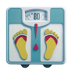 Colorful bathroom scale with transparent background displays reading of 80. design features vibrant yellow and pink feet, adding playful touch