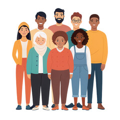 Diverse group of people standing together with transparent background, showcasing unity and friendship in vibrant and cheerful atmosphere