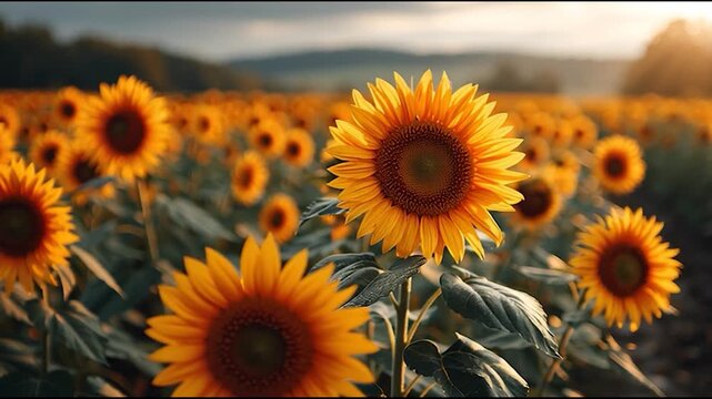 A vibrant sunflower field under a soft sunset glow.