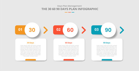 30 60 90 days management framework for infographic with drop shadow style with round box with circle header and arrow direction with 3 point list information