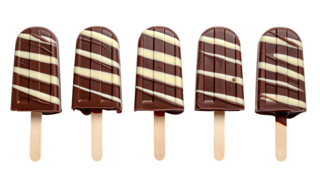 Five chocolate popsicles with white chocolate stripes on sticks