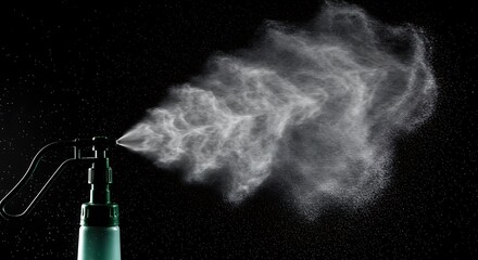 A detailed macro shot of a dispenser nozzle spraying a fine mist, creating a cloud of atomized liquid particles against a solid black background