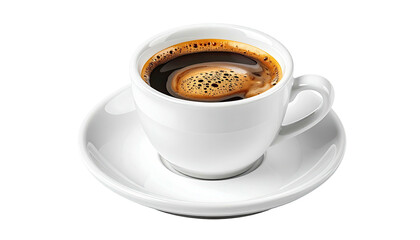 Hot black coffee in white cup and saucer on isolated background