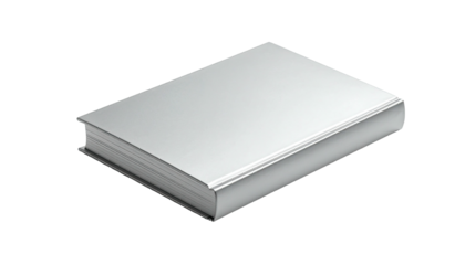 Sleek silver book with white pages, angled on black background