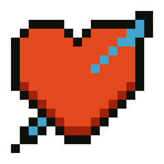 Pixel art red heart with blue arrow minimal 8 bit love symbol. Perfect for Valentines Day cards, romantic stickers, retro games, digital icons, mobile apps, pixel design projects and social media