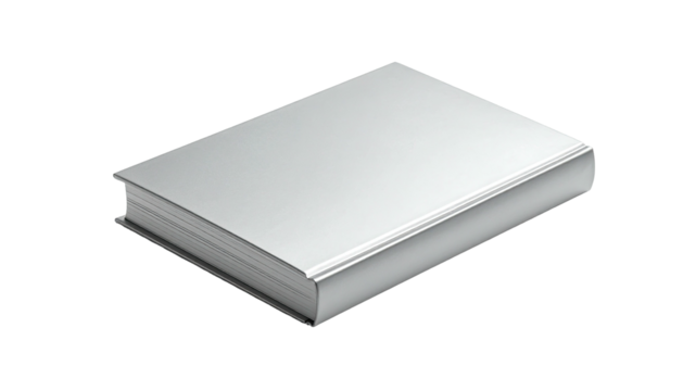 Sleek silver book with white pages, angled on black background