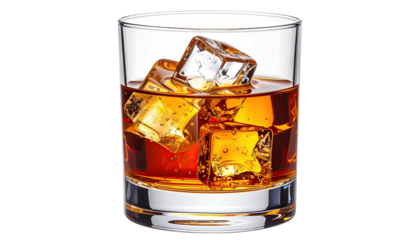Whiskey in a glass with ice cubes, dark liquid, dark background
