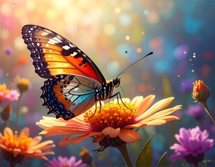Vibrant butterfly on a flower in a colorful garden