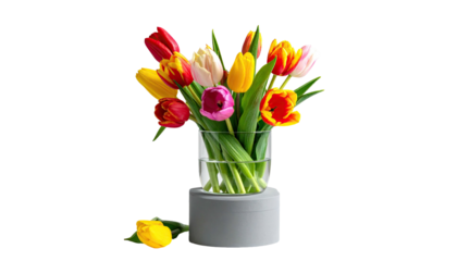 Vibrant tulips arranged in a glass vase against black backdrop