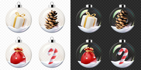 Set of Christmas and New Year transparent glass balls with snow, isolated. Equally suitable for dark and light backgrounds.