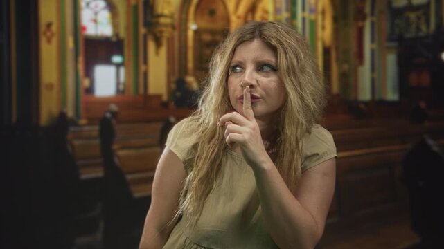 Woman blonde with finger to lips for silence in church building among wooden pews and stained glass windows; serenity.
