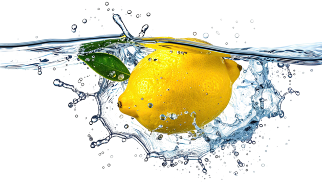 Lemon splashes into blue water with a leaf; isolated
