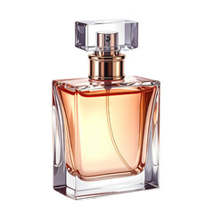 A perfume bottle with a rose-toned liquid, clear geometric facets, and a gold cap