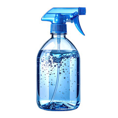 A clear spray bottle filled with blue liquid and bubbles against a black background