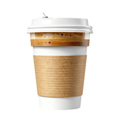 A paper cup filled with coffee, featuring a sleeve and lid, isolated on black