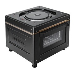 Modern, black, square appliance with cooktop, oven, and control panel