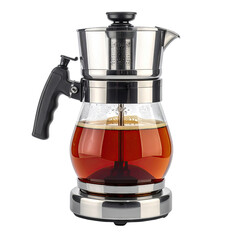 Electric tea maker showing brewing tea with metal & glass components