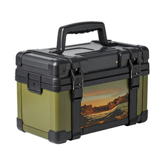 Rugged, olive-green toolbox with black accents, landscape design, and top handle