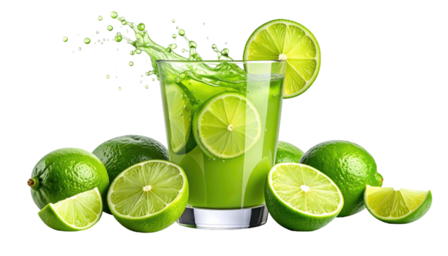 Green drink explodes, limes around clear glass on black background