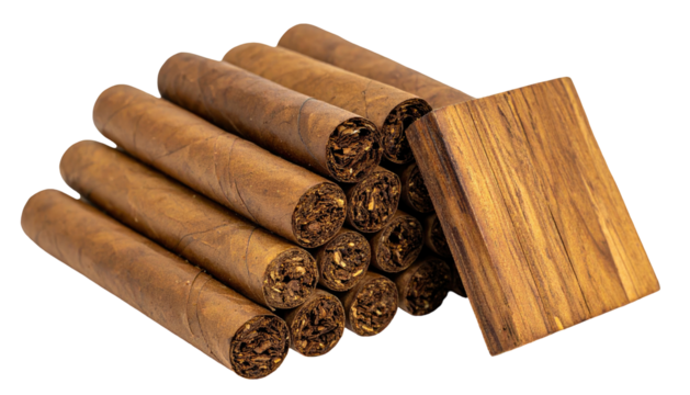 Piled cigars sit beside a wooden block