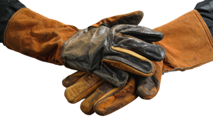 Two gloved hands grasping tightly, weathered and aged look